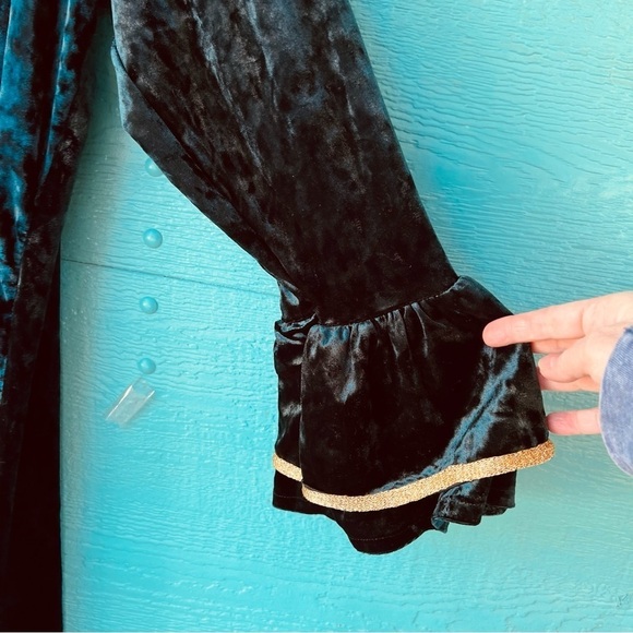 EMERALD GREEN BLUE EMBROIDERED CRUSHED VELVET LONG DUSTER BELL SLEEVES L - Picture 6 of 9